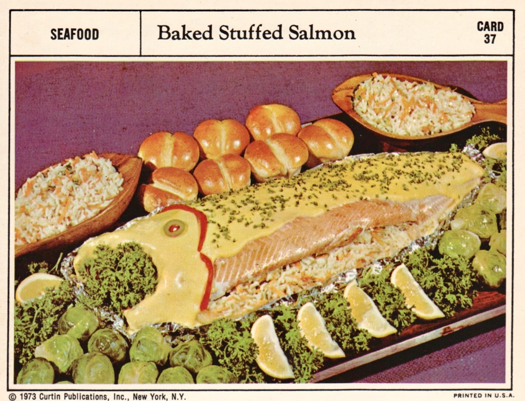 1970s dinner party menu - Seafood Baked Stuffed Salmon Card 37 1973 Curtin Publications, Inc., New York, N.Y. Printed In U.S.A.